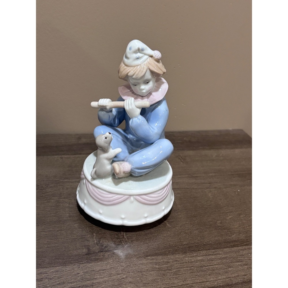 Paul Sebastian Fine Porcelain Musical Clown Figurine with Dog Flute Player Boxed